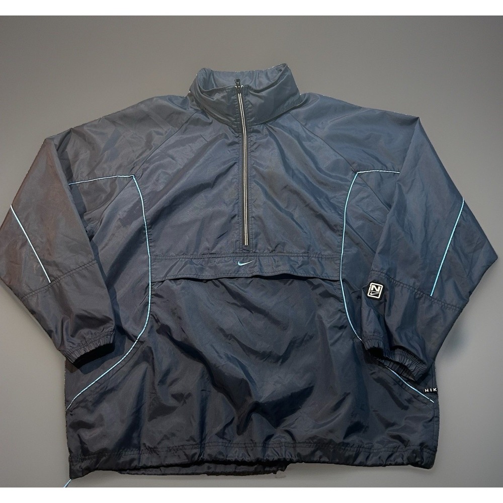 Vintage Y2K Nike Windbreaker Half Zip Pullover Hooded Jacket Black Blue Mens 2XL